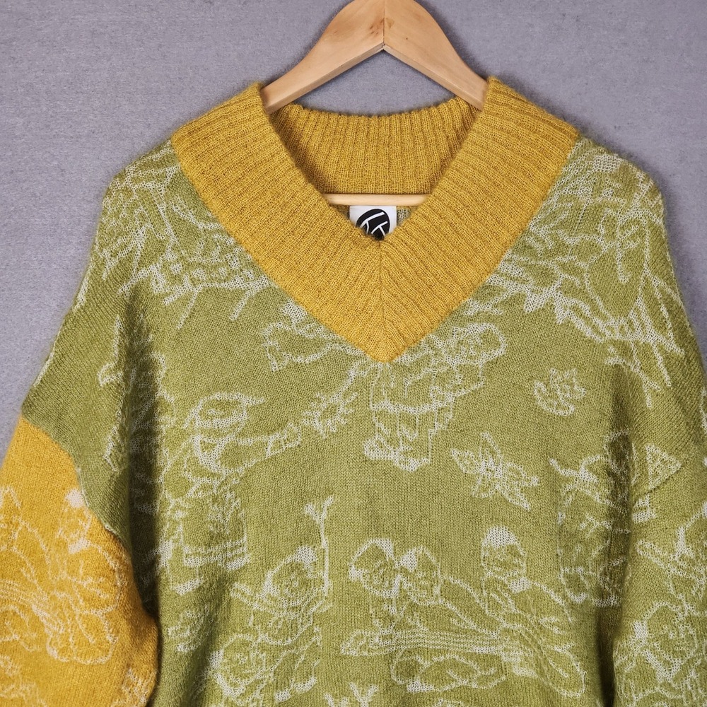 Yanyan Knits Sweater XS Green Yellow Colorblock Jaquard Motif Oversized Mohair - Picture 5 of 11